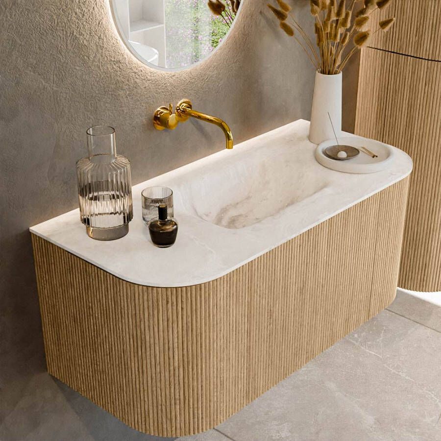 Mondiaz KURVE-DLUX 100cm badmeubel met module 25 Len R kleur Oak met 1 lade en 2 deuren. Wastafel GRUNNE midden zonder kraangat kleur Frappe. KRVGRU100L+R1L2D0KM-Oak Fra