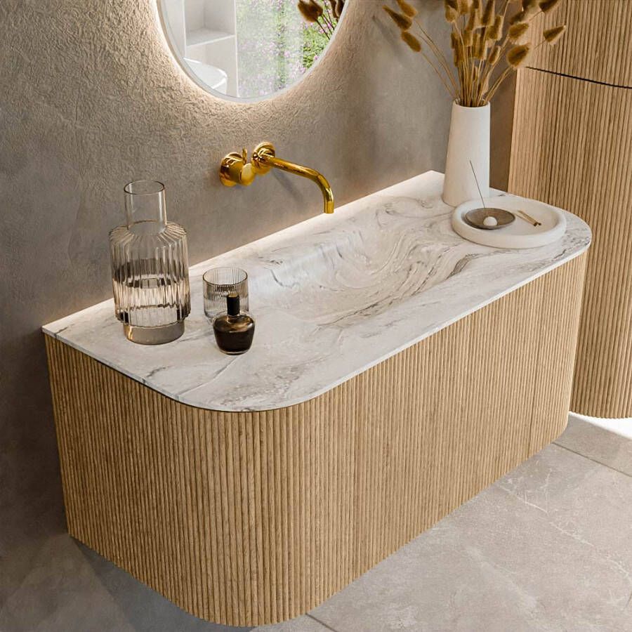 Mondiaz KURVE-DLUX 100cm badmeubel met module 25 Len R kleur Oak met 1 lade en 2 deuren. Wastafel GRUNNE midden zonder kraangat kleur Glace. KRVGRU100L+R1L2D0KM-Oak Gla