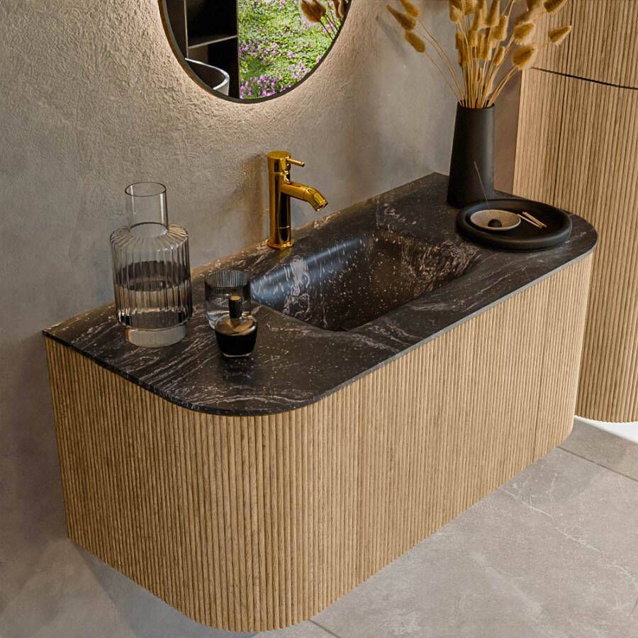 Mondiaz KURVE-DLUX 100cm badmeubel met module 25 Len R kleur Oak met 1 lade en 2 deuren. Wastafel GRUNNE midden 1 kraangat kleur Lava. KRVGRU100L+R1L2D1KM-Oak Lav