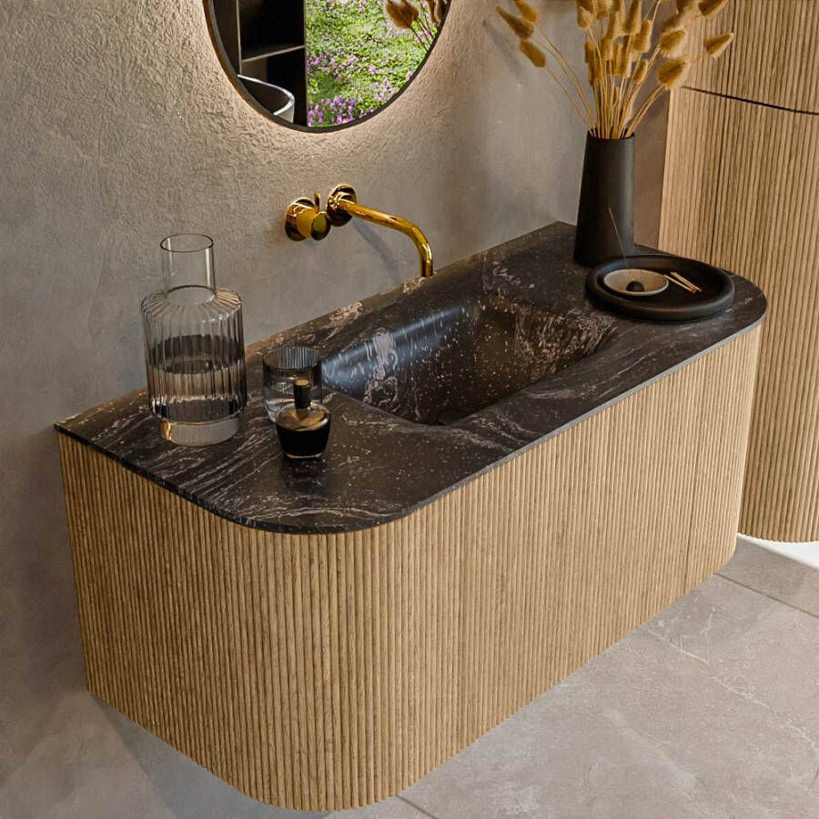 Mondiaz KURVE-DLUX 100cm badmeubel met module 25 Len R kleur Oak met 1 lade en 2 deuren. Wastafel GRUNNE midden zonder kraangat kleur Lava. KRVGRU100L+R1L2D0KM-Oak Lav