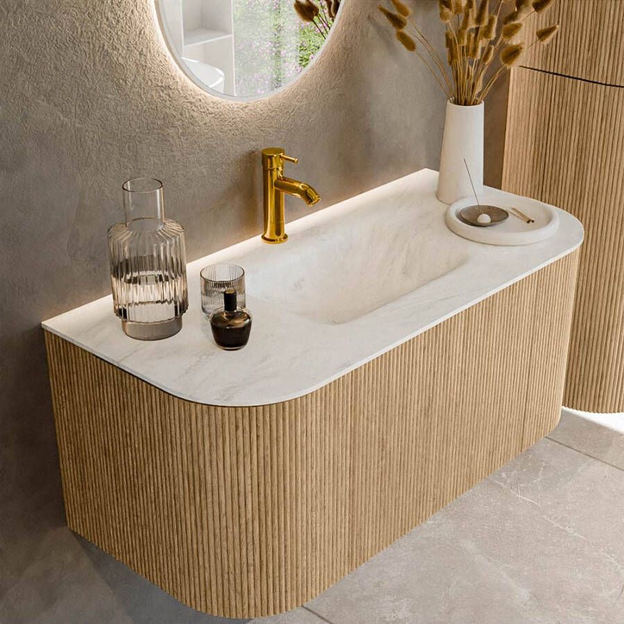 Mondiaz KURVE-DLUX 100cm badmeubel met module 25 Len R kleur Oak met 1 lade en 2 deuren. Wastafel GRUNNE midden 1 kraangat kleur Opalo. KRVGRU100L+R1L2D1KM-Oak Opa