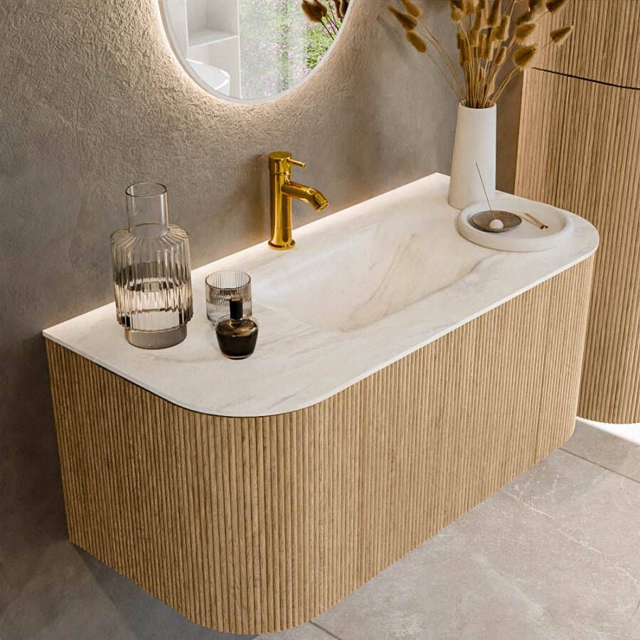 Mondiaz KURVE-DLUX 100cm badmeubel met module 25 Len R kleur Oak met 1 lade en 2 deuren. Wastafel GRUNNE midden 1 kraangat kleur Ostra. KRVGRU100L+R1L2D1KM-Oak Ost