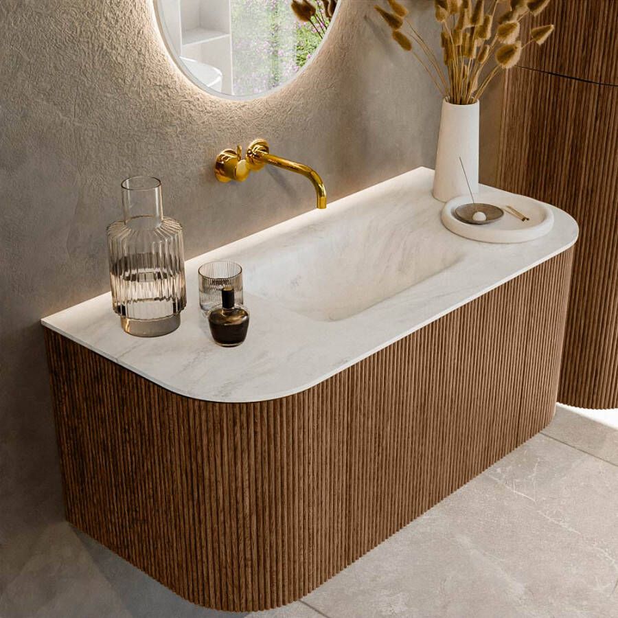 Mondiaz KURVE-DLUX 100cm badmeubel met module 25 Len R kleur Walnut met 1 lade en 2 deuren. Wastafel GRUNNE midden zonder kraangat kleur Opalo. KRVGRU100L+R1L2D0KM-Wal Opa