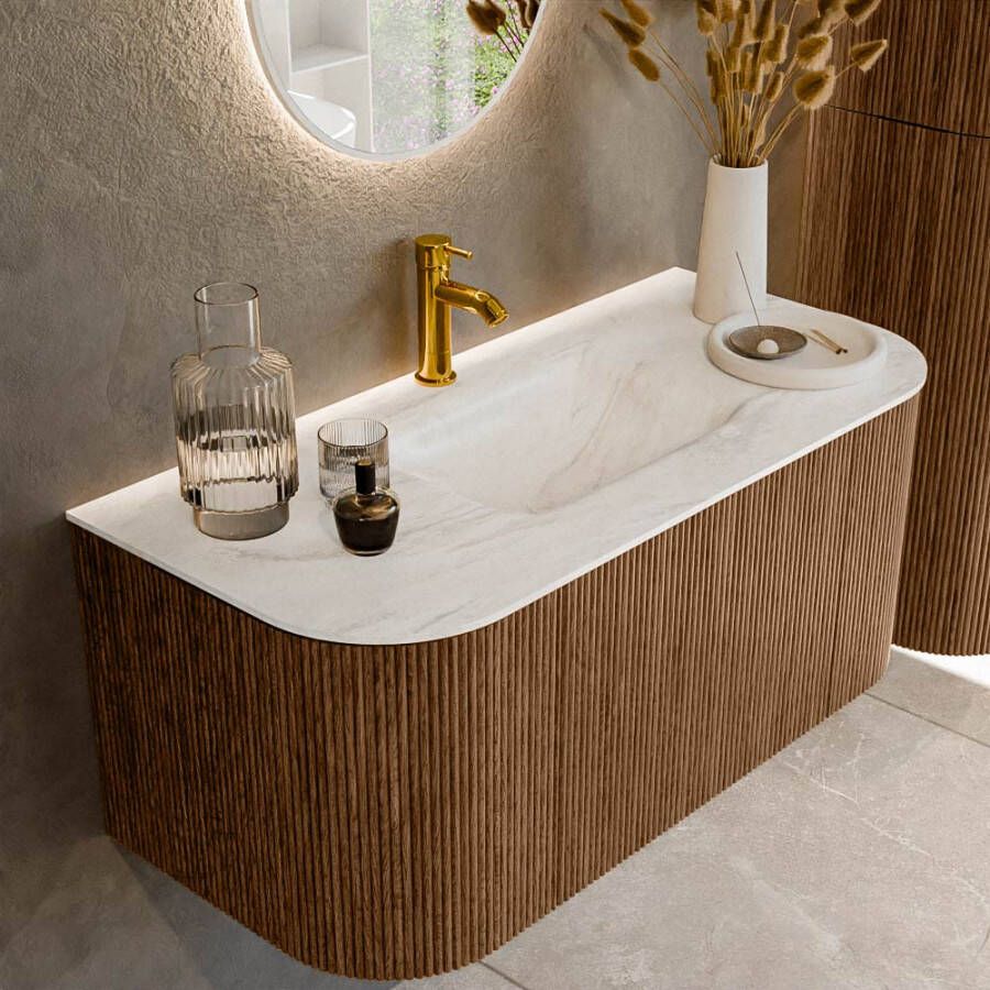 Mondiaz KURVE-DLUX 100cm badmeubel met module 25 Len R kleur Walnut met 1 lade en 2 deuren. Wastafel GRUNNE midden 1 kraangat kleur Ostra. KRVGRU100L+R1L2D1KM-Wal Ost