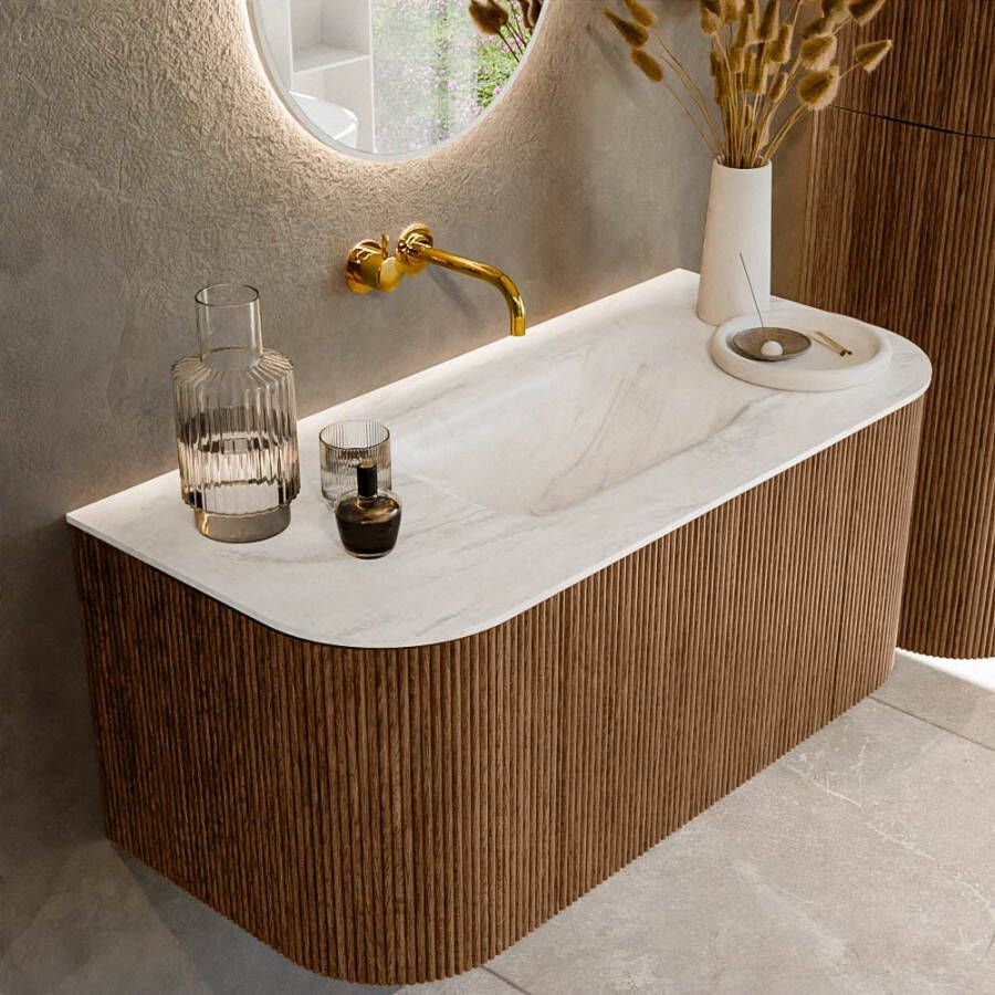 Mondiaz KURVE-DLUX 100cm badmeubel met module 25 Len R kleur Walnut met 1 lade en 2 deuren. Wastafel GRUNNE midden zonder kraangat kleur Ostra. KRVGRU100L+R1L2D0KM-Wal Ost