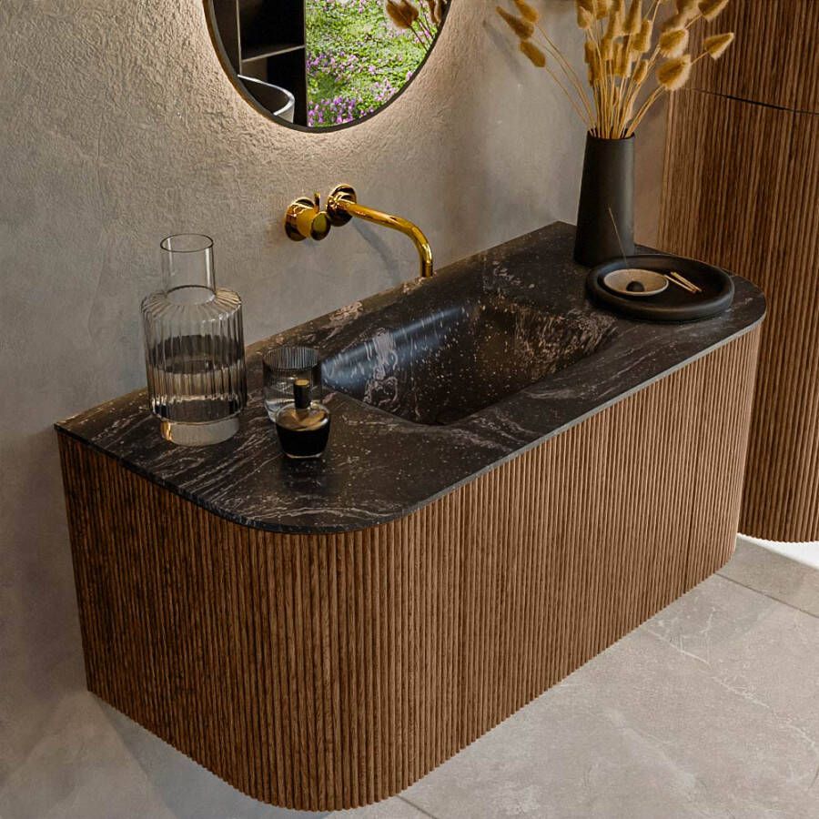 Mondiaz KURVE-DLUX 100cm badmeubel met module 25 Len R kleur Walnut met 1 lade en 2 deuren. Wastafel GRUNNE midden zonder kraangat kleur Lava. KRVGRU100L+R1L2D0KM-Wal Lav