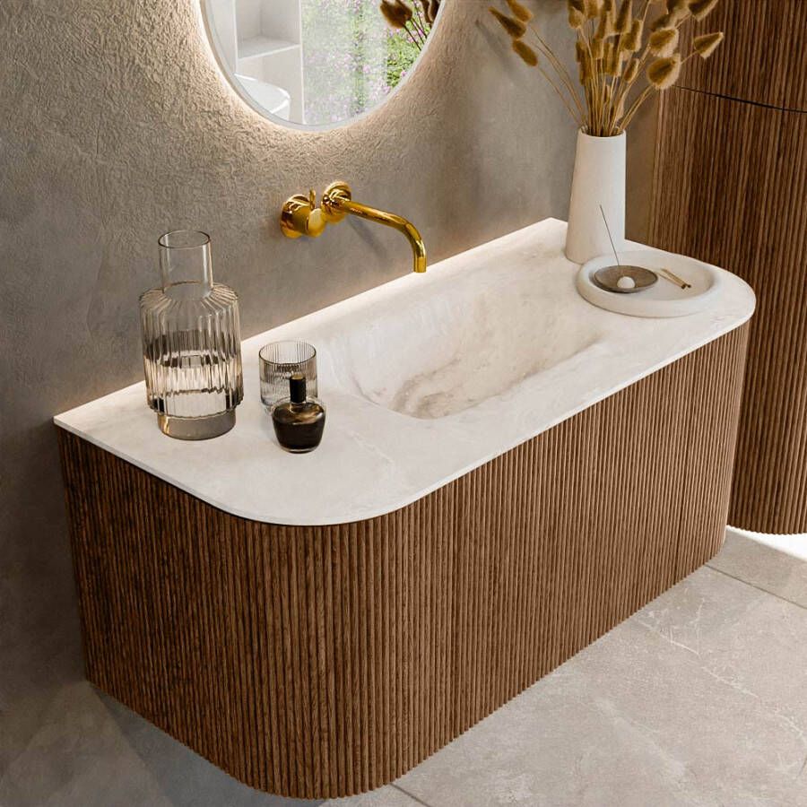 Mondiaz KURVE-DLUX 100cm badmeubel met module 25 Len R kleur Walnut met 1 lade en 2 deuren. Wastafel GRUNNE midden zonder kraangat kleur Frappe. KRVGRU100L+R1L2D0KM-Wal Fra