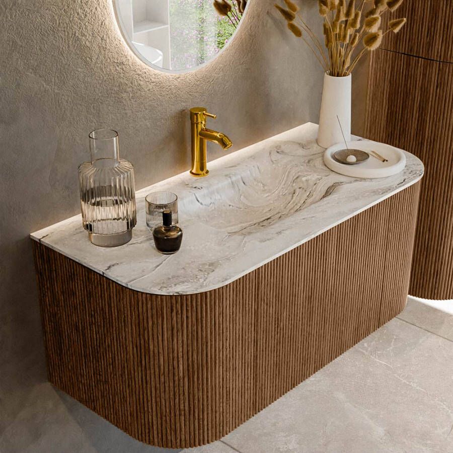 Mondiaz KURVE-DLUX 100cm badmeubel met module 25 Len R kleur Walnut met 1 lade en 2 deuren. Wastafel GRUNNE midden 1 kraangat kleur Glace. KRVGRU100L+R1L2D1KM-Wal Gla