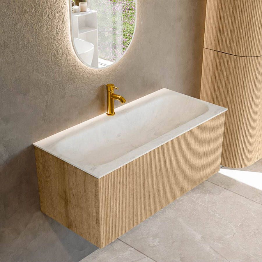 Mondiaz KURVE-DLUX 100 cm Onderkast Greeploos 1 Lade Zonder Deuren Oak Wastafel Solid Surface Volledig Opalo 1 Kraangat Zonder Spiegel (KRVBGM1001L0D1KM-Oak Opa)