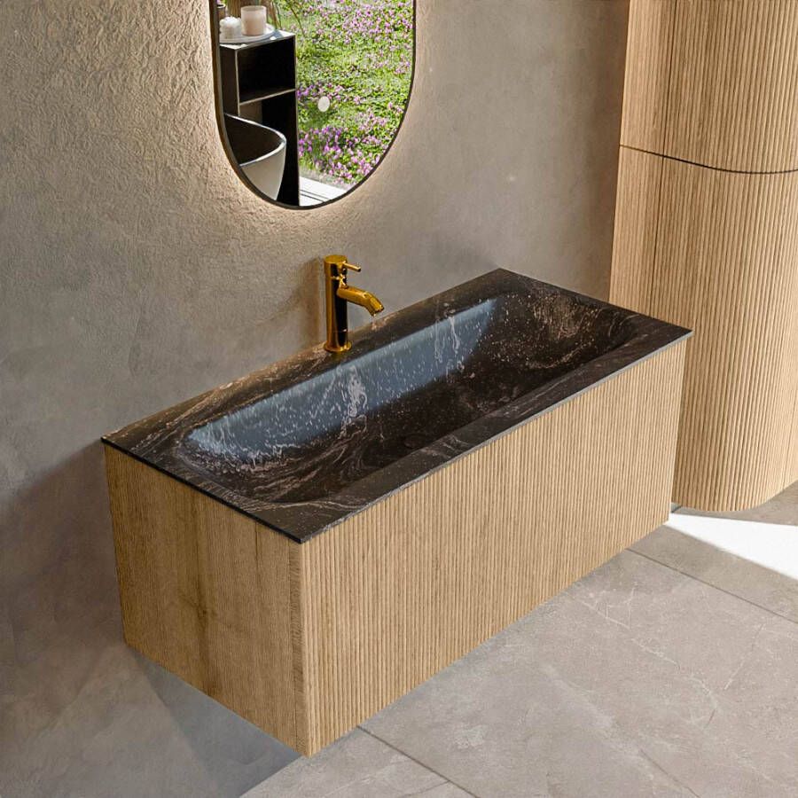 Mondiaz KURVE-DLUX 100 cm Onderkast Greeploos 1 Lade Zonder Deuren Oak Wastafel Solid Surface Volledig Lava 1 Kraangat Zonder Spiegel (KRVBGM1001L0D1KM-Oak Lav)