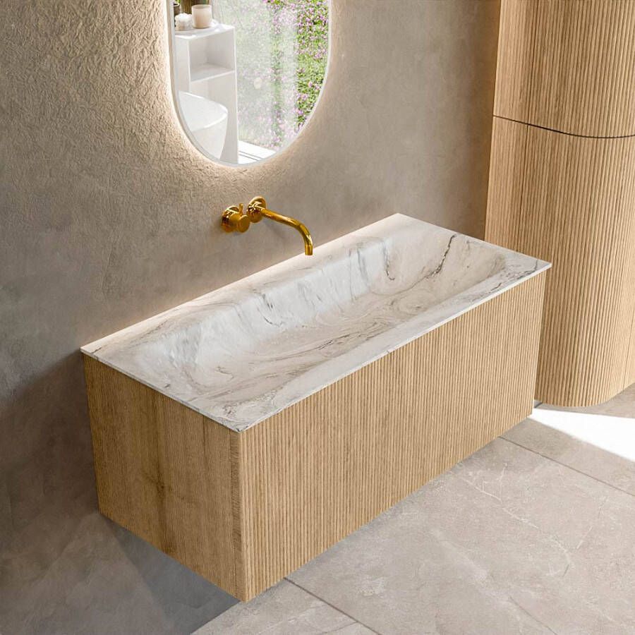 Mondiaz KURVE-DLUX 100 cm Onderkast Greeploos 1 Lade Zonder Deuren Oak Wastafel Solid Surface Volledig Glace 0 Kraangaten Zonder Spiegel (KRVBGM1001L0D0KM-Oak Gla)