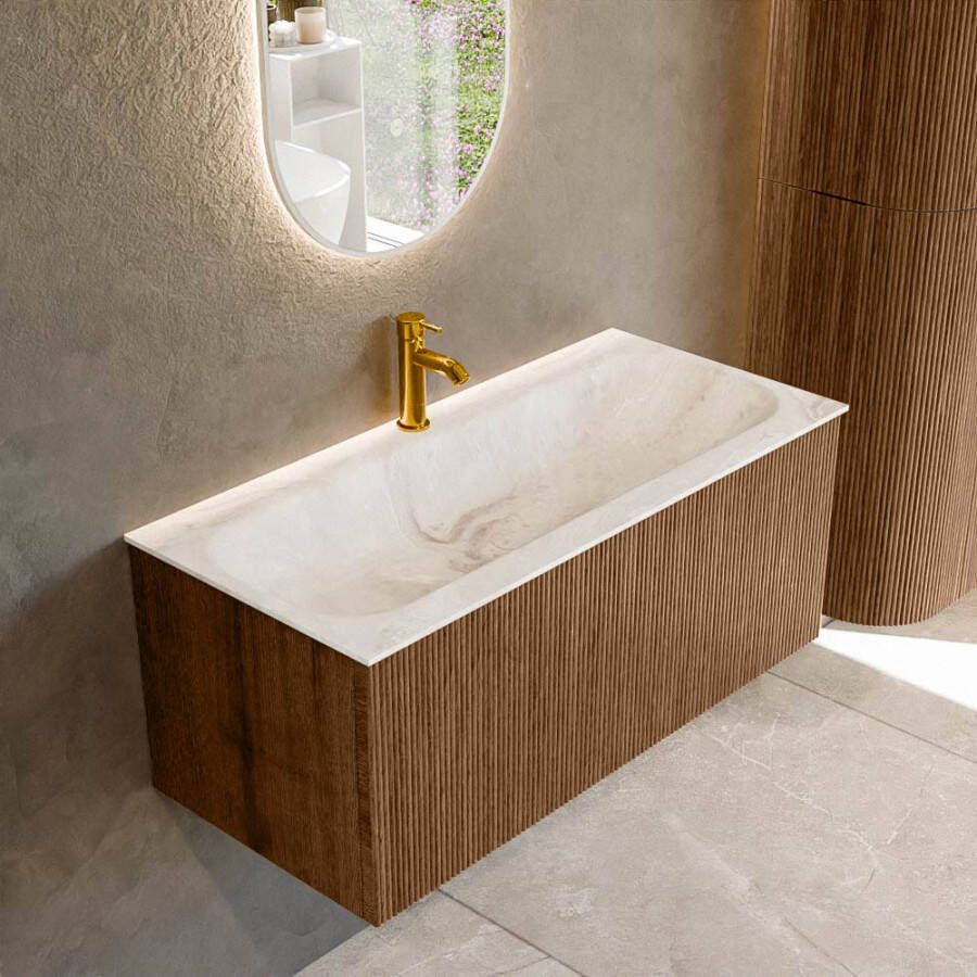 Mondiaz KURVE-DLUX 100 cm Onderkast Greeploos 1 Lade Zonder Deuren Walnut Wastafel Solid Surface Volledig Frappe 1 Kraangat Zonder Spiegel (KRVBGM1001L0D1KM-Wal Fra)