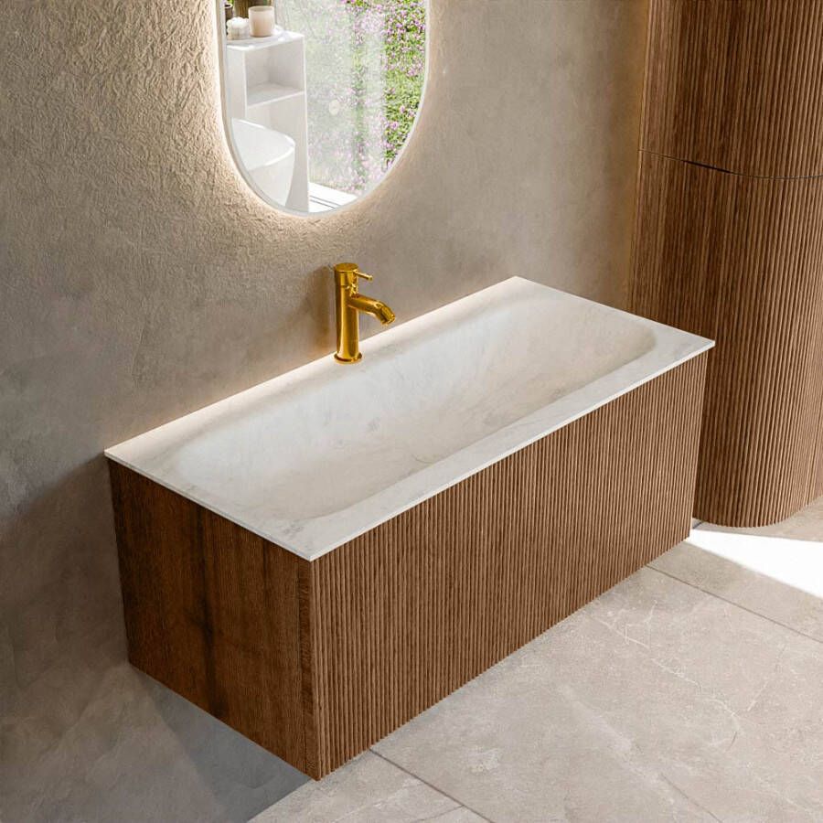 Mondiaz KURVE-DLUX 100 cm Onderkast Greeploos 1 Lade Zonder Deuren Walnut Wastafel Solid Surface Volledig Opalo 1 Kraangat Zonder Spiegel (KRVBGM1001L0D1KM-Wal Opa)