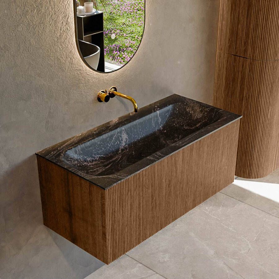 Mondiaz KURVE-DLUX 100 cm Onderkast Greeploos 1 Lade Zonder Deuren Walnut Wastafel Solid Surface Volledig Lava 0 Kraangaten Zonder Spiegel (KRVBGM1001L0D0KM-Wal Lav)