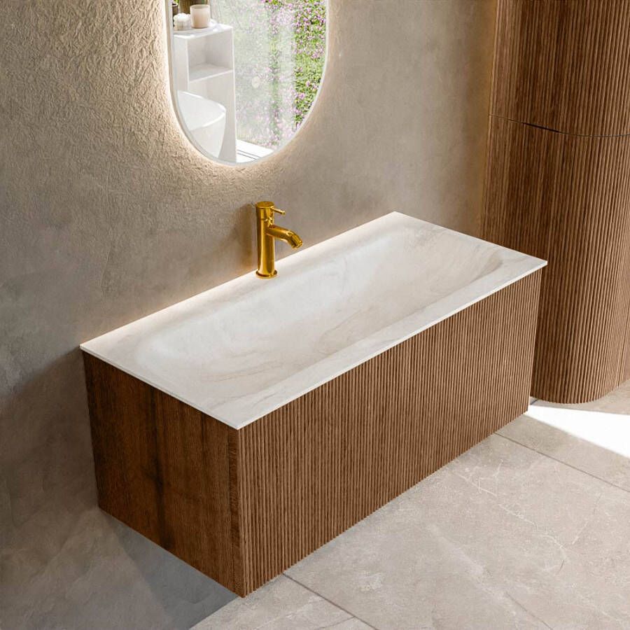 Mondiaz KURVE-DLUX 100 cm Onderkast Greeploos 1 Lade Zonder Deuren Walnut Wastafel Solid Surface Volledig Ostra 1 Kraangat Zonder Spiegel (KRVBGM1001L0D1KM-Wal Ost)