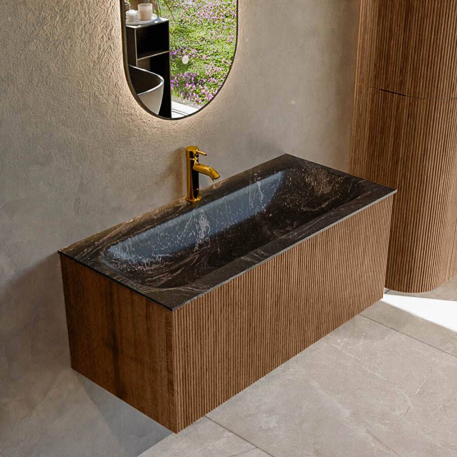 Mondiaz KURVE-DLUX 100 cm Onderkast Greeploos 1 Lade Zonder Deuren Walnut Wastafel Solid Surface Volledig Lava 1 Kraangat Zonder Spiegel (KRVBGM1001L0D1KM-Wal Lav)
