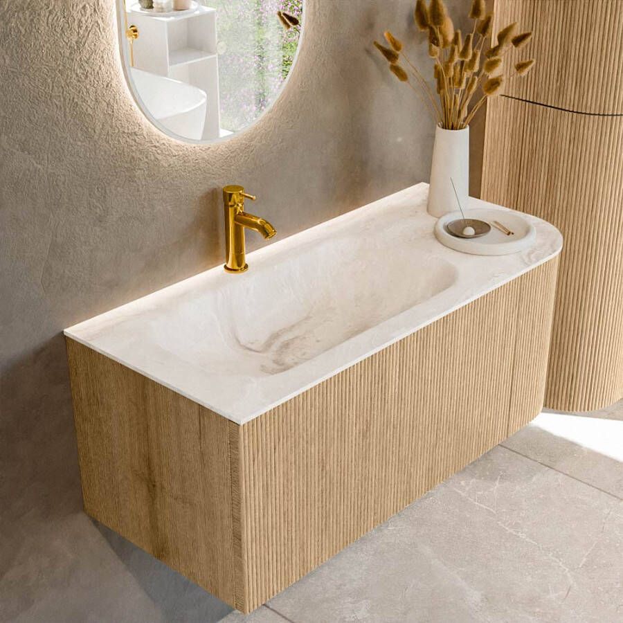 Mondiaz KURVE-DLUX 105cm badmeubel met module 25 R kleur Oak met 1 lade en 1 deur. Wastafel BIG SMALL links 1 kraangat kleur Frappe. KRVBGS105R1L1D1KL-Oak Fra