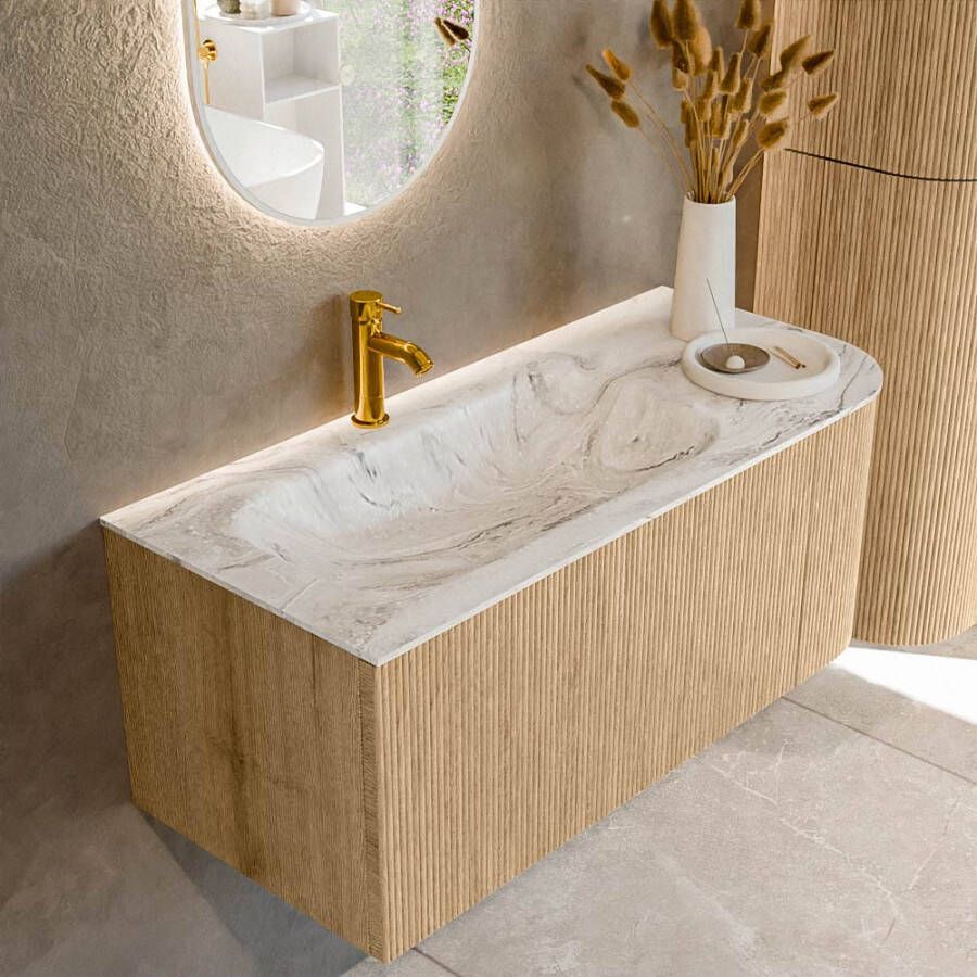Mondiaz KURVE-DLUX 105cm badmeubel met module 25 R kleur Oak met 1 lade en 1 deur. Wastafel BIG SMALL links 1 kraangat kleur Glace. KRVBGS105R1L1D1KL-Oak Gla