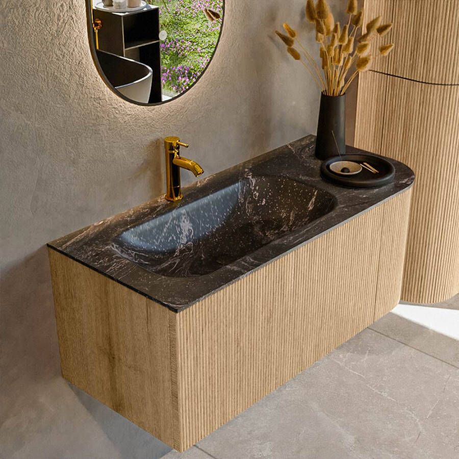 Mondiaz KURVE-DLUX 105cm badmeubel met module 25 R kleur Oak met 1 lade en 1 deur. Wastafel BIG SMALL links 1 kraangat kleur Lava. KRVBGS105R1L1D1KL-Oak Lav