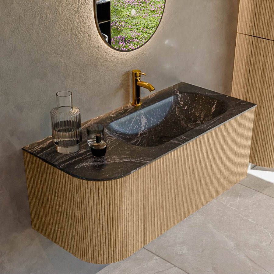Mondiaz KURVE-DLUX 105cm badmeubel met module 25 L kleur Oak met 1 lade en 1 deur. Wastafel BIG SMALL rechts 1 kraangat kleur Lava. KRVBGS105L1L1D1KR-Oak Lav