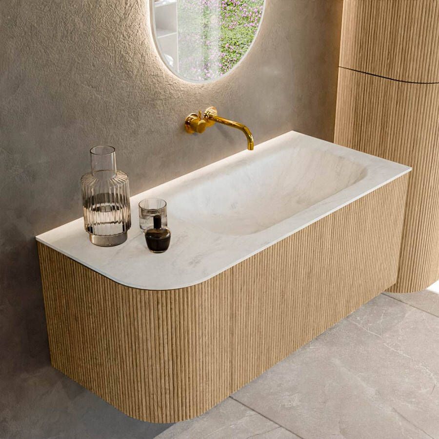 Mondiaz KURVE-DLUX 105cm badmeubel met module 25 L kleur Oak met 1 lade en 1 deur. Wastafel BIG SMALL rechts zonder kraangat kleur Opalo. KRVBGS105L1L1D0KR-Oak Opa