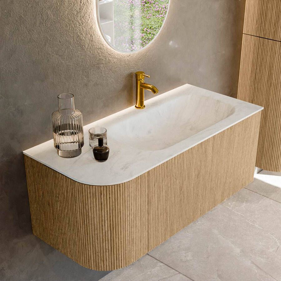 Mondiaz KURVE-DLUX 105cm badmeubel met module 25 L kleur Oak met 1 lade en 1 deur. Wastafel BIG SMALL rechts 1 kraangat kleur Opalo. KRVBGS105L1L1D1KR-Oak Opa