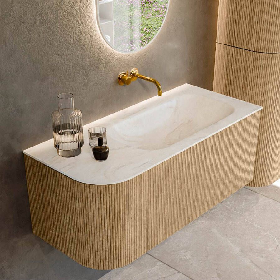 Mondiaz KURVE-DLUX 105cm badmeubel met module 25 L kleur Oak met 1 lade en 1 deur. Wastafel BIG SMALL rechts zonder kraangat kleur Ostra. KRVBGS105L1L1D0KR-Oak Ost