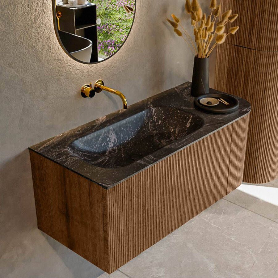 Mondiaz KURVE-DLUX 105cm badmeubel met module 25 R kleur Walnut met 1 lade en 1 deur. Wastafel BIG SMALL links zonder kraangat kleur Lava. KRVBGS105R1L1D0KL-Wal Lav