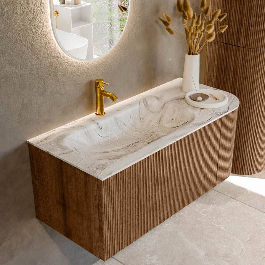 Mondiaz KURVE-DLUX 105cm badmeubel met module 25 R kleur Walnut met 1 lade en 1 deur. Wastafel BIG SMALL links 1 kraangat kleur Glace. KRVBGS105R1L1D1KL-Wal Gla