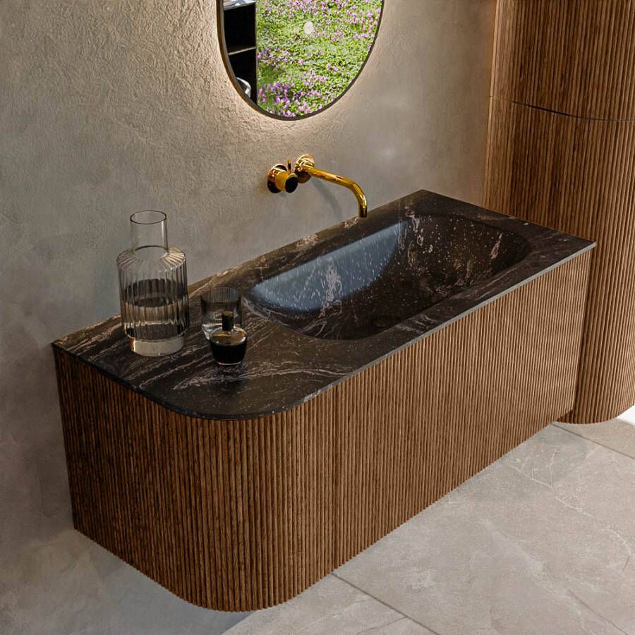 Mondiaz KURVE-DLUX 105cm badmeubel met module 25 L kleur Walnut met 1 lade en 1 deur. Wastafel BIG SMALL rechts zonder kraangat kleur Lava. KRVBGS105L1L1D0KR-Wal Lav