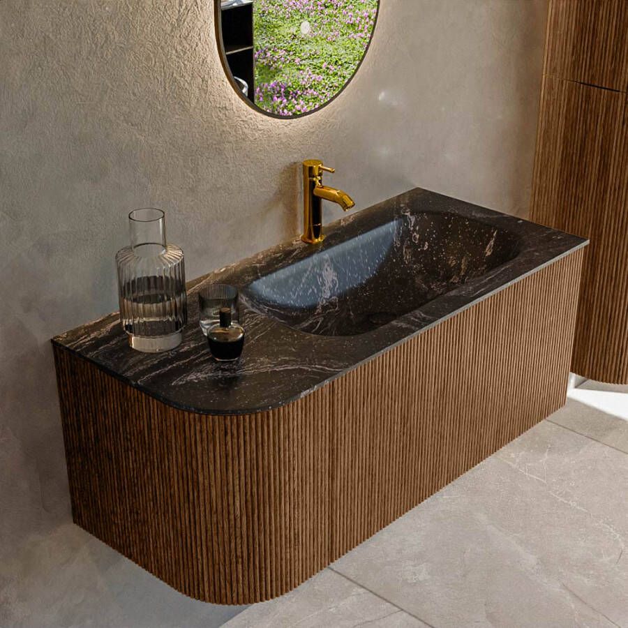 Mondiaz KURVE-DLUX 105cm badmeubel met module 25 L kleur Walnut met 1 lade en 1 deur. Wastafel BIG SMALL rechts 1 kraangat kleur Lava. KRVBGS105L1L1D1KR-Wal Lav