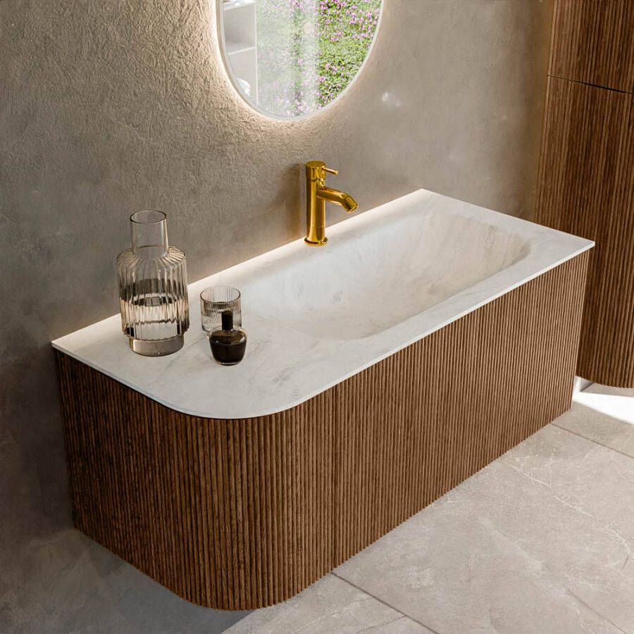 Mondiaz KURVE-DLUX 105cm badmeubel met module 25 L kleur Walnut met 1 lade en 1 deur. Wastafel BIG SMALL rechts 1 kraangat kleur Opalo. KRVBGS105L1L1D1KR-Wal Opa