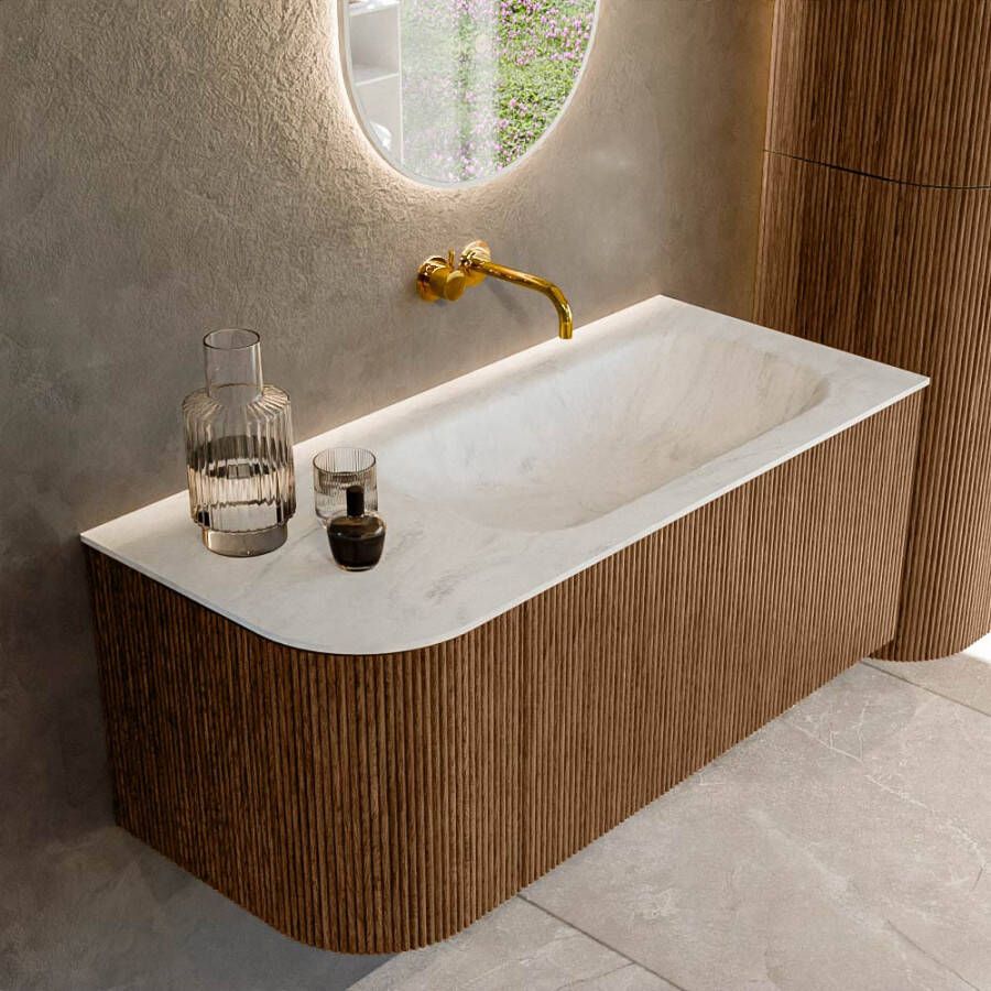 Mondiaz KURVE-DLUX 105cm badmeubel met module 25 L kleur Walnut met 1 lade en 1 deur. Wastafel BIG SMALL rechts zonder kraangat kleur Opalo. KRVBGS105L1L1D0KR-Wal Opa