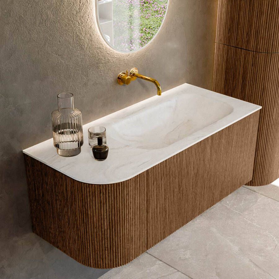 Mondiaz KURVE-DLUX 105cm badmeubel met module 25 L kleur Walnut met 1 lade en 1 deur. Wastafel BIG SMALL rechts zonder kraangat kleur Ostra. KRVBGS105L1L1D0KR-Wal Ost