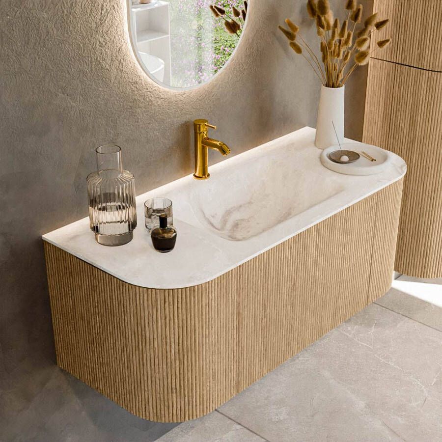 Mondiaz KURVE-DLUX 110cm badmeubel met module 25 Len R kleur Oak met 1 lade en 2 deuren. Wastafel CLOUD midden 1 kraangat kleur Frappe. KRVCLO110L+R1L2D1KM-Oak Fra