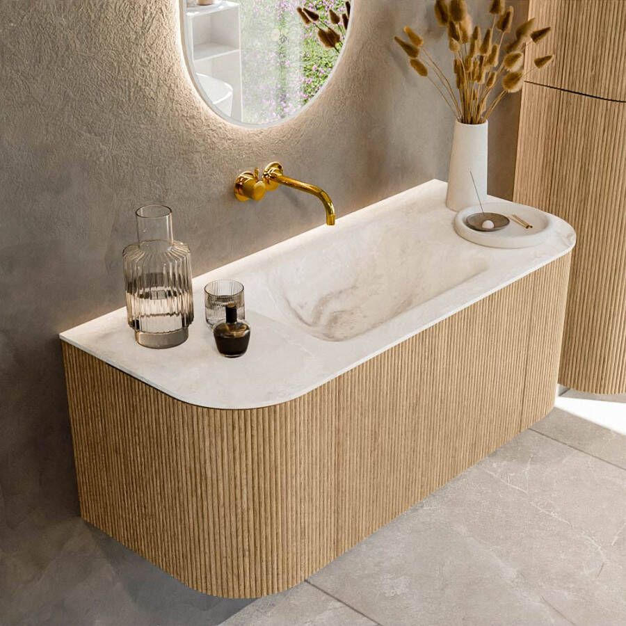 Mondiaz KURVE-DLUX 110cm badmeubel met module 25 Len R kleur Oak met 1 lade en 2 deuren. Wastafel CLOUD midden zonder kraangat kleur Frappe. KRVCLO110L+R1L2D0KM-Oak Fra
