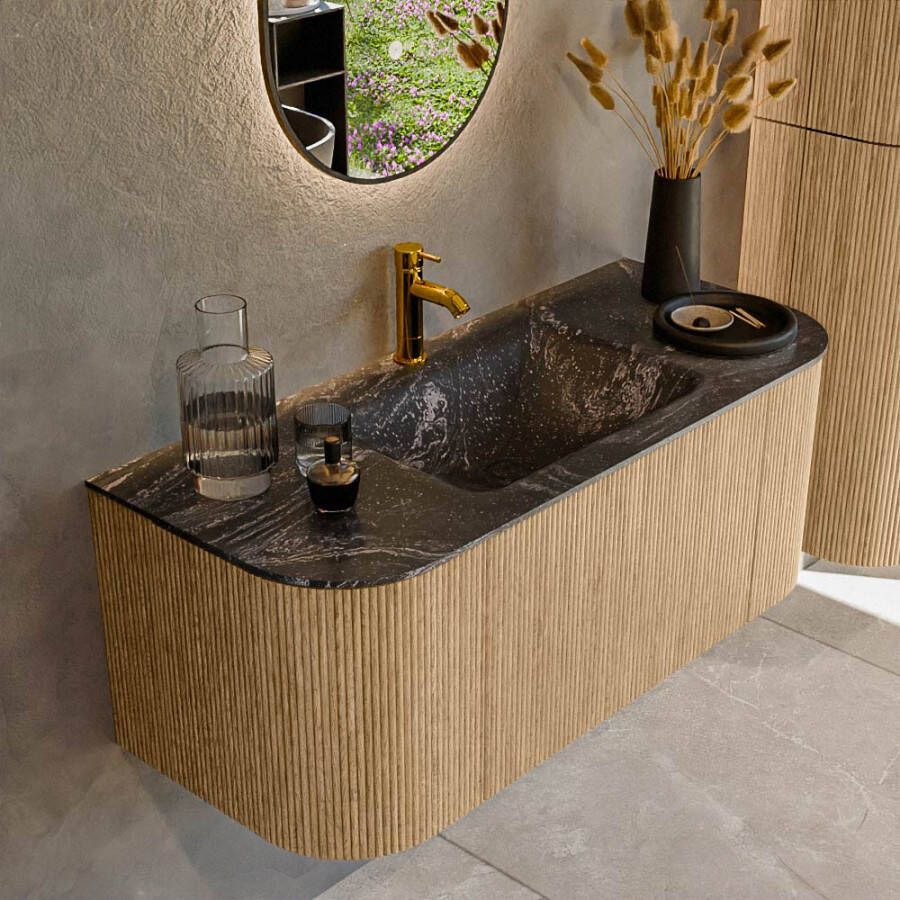 Mondiaz KURVE-DLUX 110cm badmeubel met module 25 Len R kleur Oak met 1 lade en 2 deuren. Wastafel CLOUD midden 1 kraangat kleur Lava. KRVCLO110L+R1L2D1KM-Oak Lav