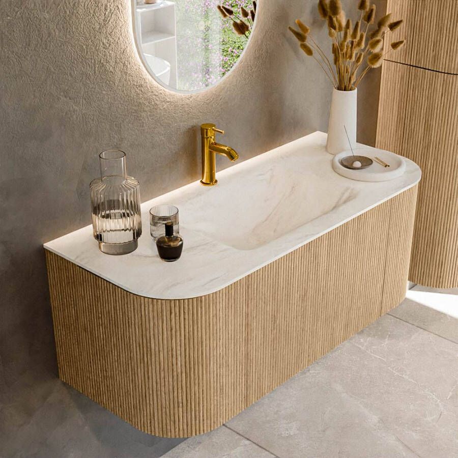 Mondiaz KURVE-DLUX 110cm badmeubel met module 25 Len R kleur Oak met 1 lade en 2 deuren. Wastafel CLOUD midden 1 kraangat kleur Ostra. KRVCLO110L+R1L2D1KM-Oak Ost