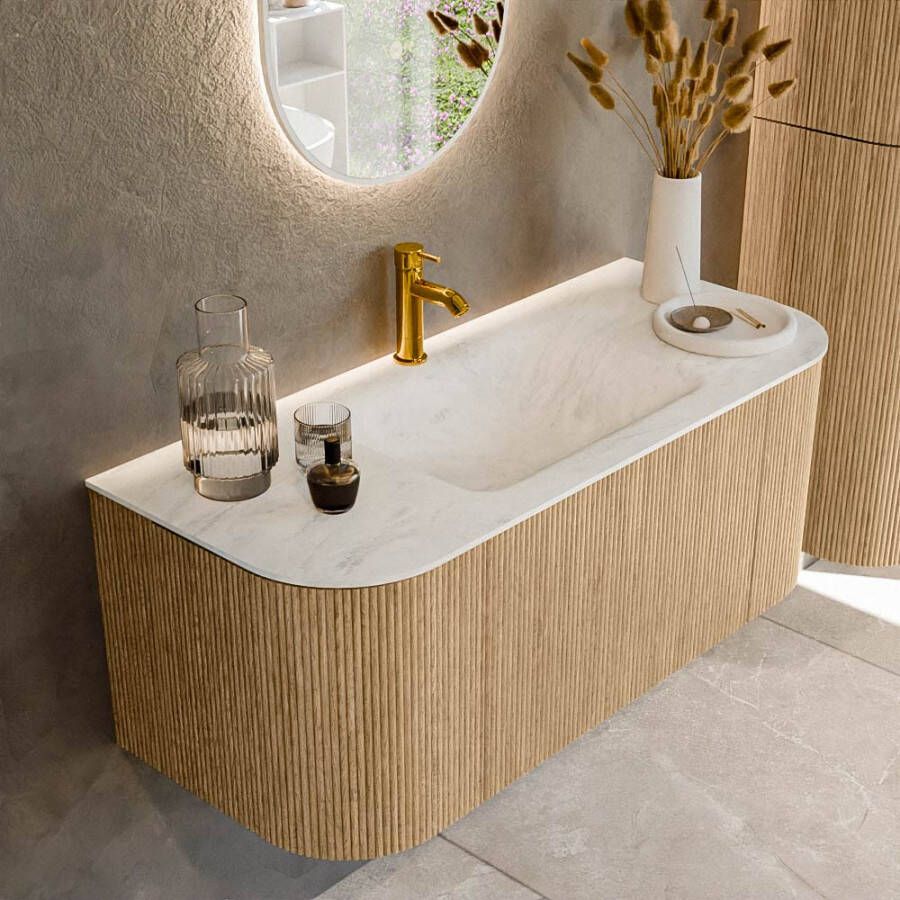 Mondiaz KURVE-DLUX 110cm badmeubel met module 25 Len R kleur Oak met 1 lade en 2 deuren. Wastafel CLOUD midden 1 kraangat kleur Opalo. KRVCLO110L+R1L2D1KM-Oak Opa