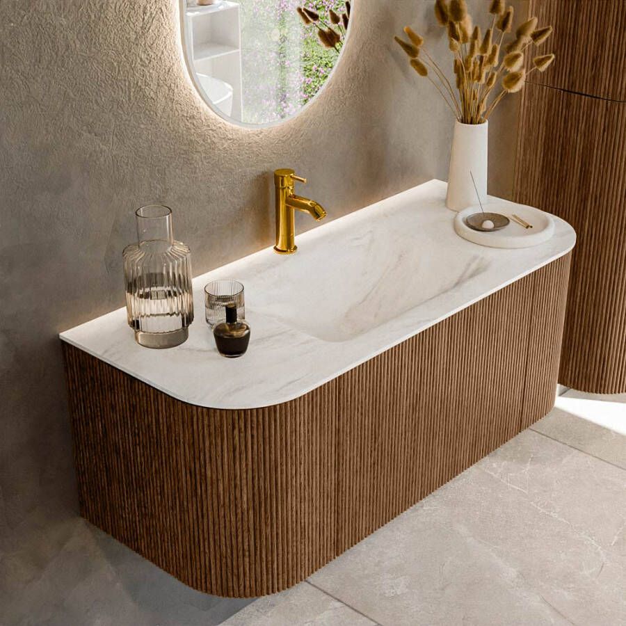 Mondiaz KURVE-DLUX 110cm badmeubel met module 25 Len R kleur Walnut met 1 lade en 2 deuren. Wastafel CLOUD midden 1 kraangat kleur Ostra. KRVCLO110L+R1L2D1KM-Wal Ost