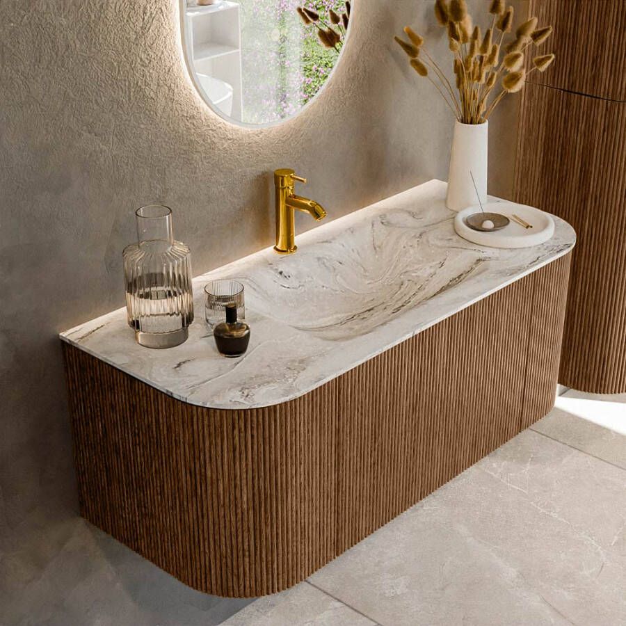 Mondiaz KURVE-DLUX 110cm badmeubel met module 25 Len R kleur Walnut met 1 lade en 2 deuren. Wastafel CLOUD midden 1 kraangat kleur Glace. KRVCLO110L+R1L2D1KM-Wal Gla