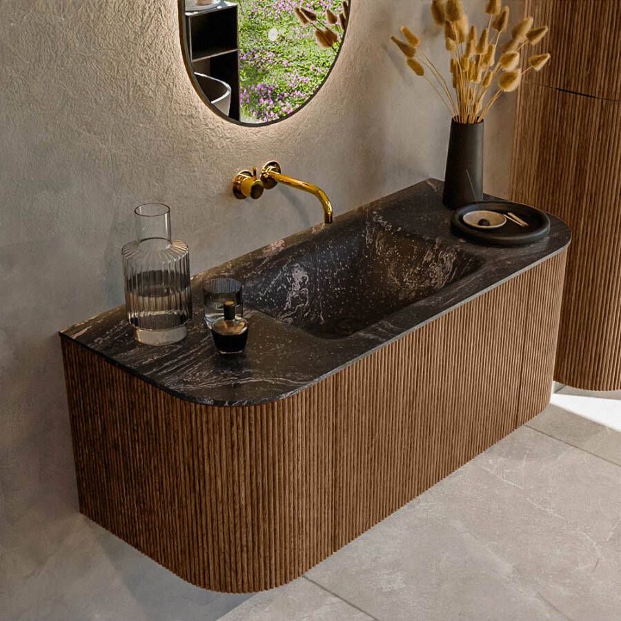 Mondiaz KURVE-DLUX 110cm badmeubel met module 25 Len R kleur Walnut met 1 lade en 2 deuren. Wastafel CLOUD midden zonder kraangat kleur Lava. KRVCLO110L+R1L2D0KM-Wal Lav