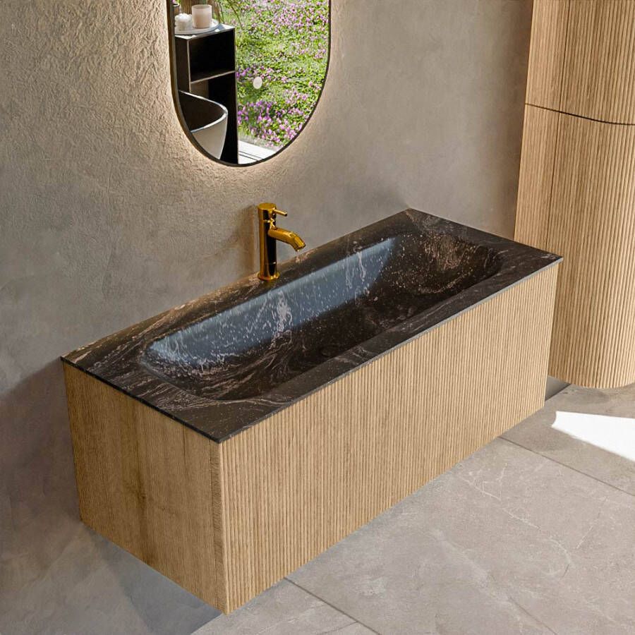 Mondiaz KURVE-DLUX 110 cm Onderkast Greeploos 1 Lade Zonder Deuren Oak Wastafel Solid Surface Volledig Lava 1 Kraangat Zonder Spiegel (KRVBGM1101L0D1KM-Oak Lav)
