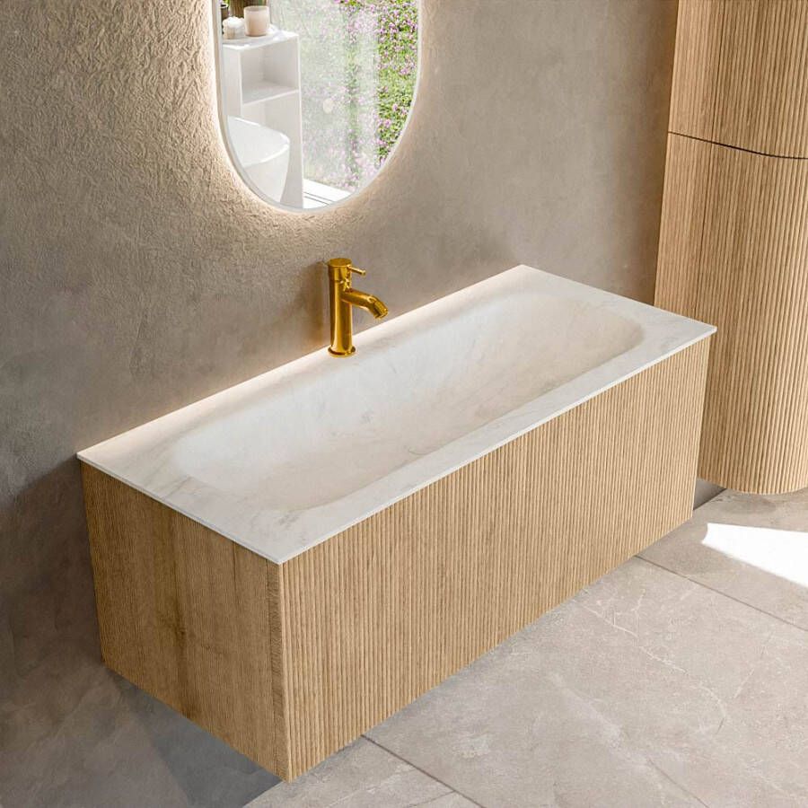 Mondiaz KURVE-DLUX 110 cm Onderkast Greeploos 1 Lade Zonder Deuren Oak Wastafel Solid Surface Volledig Opalo 1 Kraangat Zonder Spiegel (KRVBGM1101L0D1KM-Oak Opa)