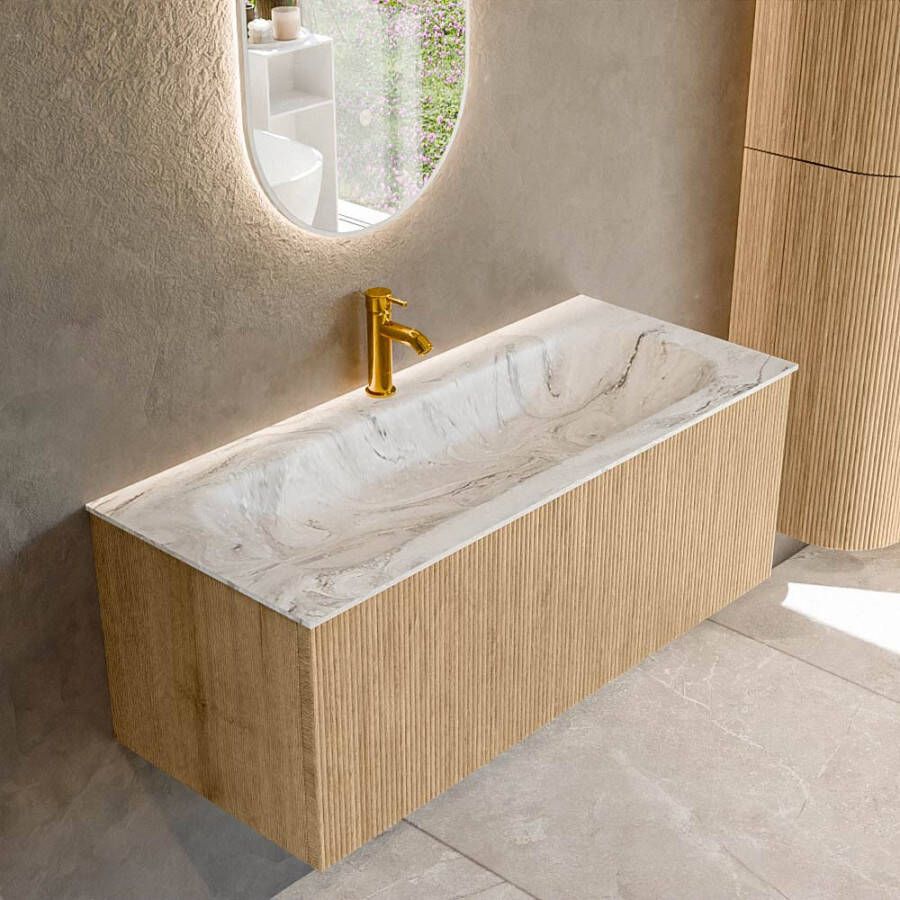 Mondiaz KURVE-DLUX 110 cm Onderkast Greeploos 1 Lade Zonder Deuren Oak Wastafel Solid Surface Volledig Glace 1 Kraangat Zonder Spiegel (KRVBGM1101L0D1KM-Oak Gla)
