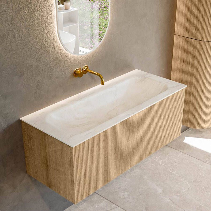 Mondiaz KURVE-DLUX 110 cm Onderkast Greeploos 1 Lade Zonder Deuren Oak Wastafel Solid Surface Volledig Ostra 0 Kraangaten Zonder Spiegel (KRVBGM1101L0D0KM-Oak Ost)
