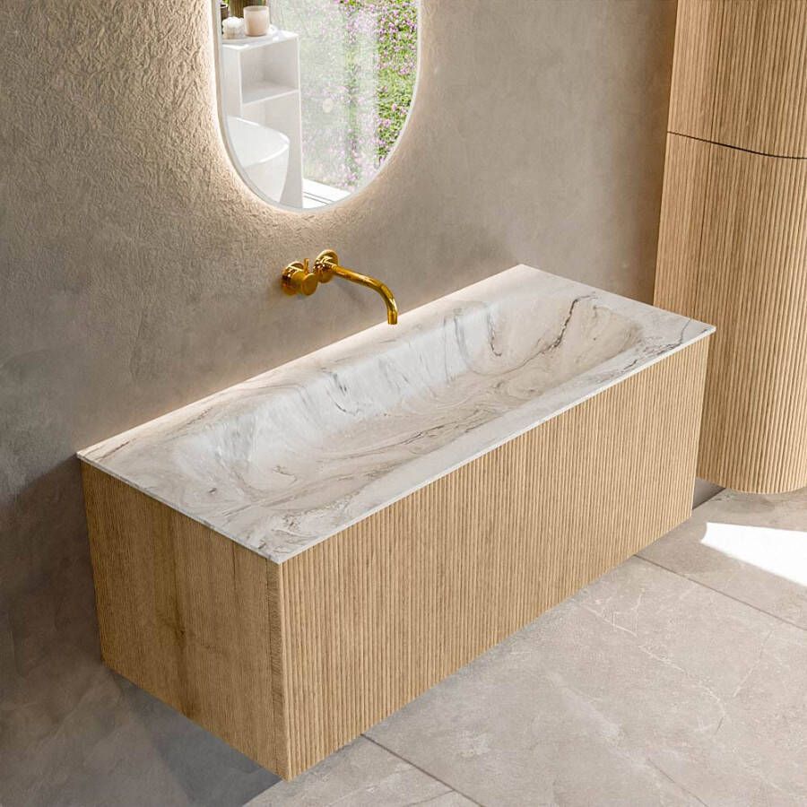 Mondiaz KURVE-DLUX 110 cm Onderkast Greeploos 1 Lade Zonder Deuren Oak Wastafel Solid Surface Volledig Glace 0 Kraangaten Zonder Spiegel (KRVBGM1101L0D0KM-Oak Gla)