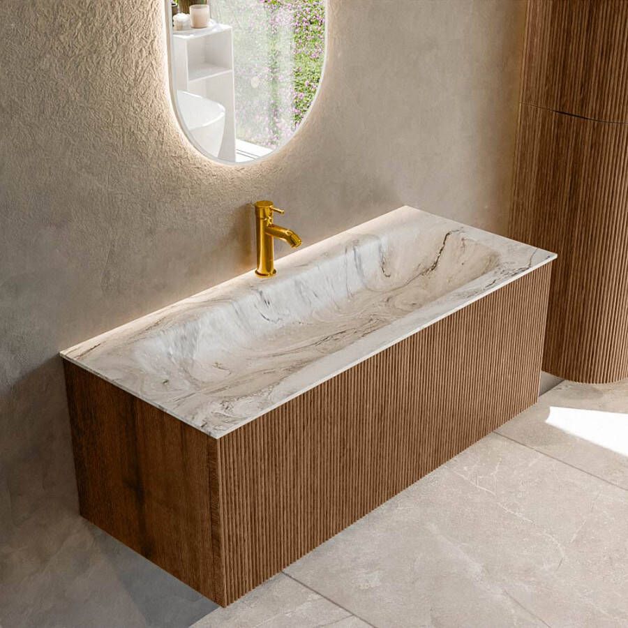 Mondiaz KURVE-DLUX 110 cm Onderkast Greeploos 1 Lade Zonder Deuren Walnut Wastafel Solid Surface Volledig Glace 1 Kraangat Zonder Spiegel (KRVBGM1101L0D1KM-Wal Gla)