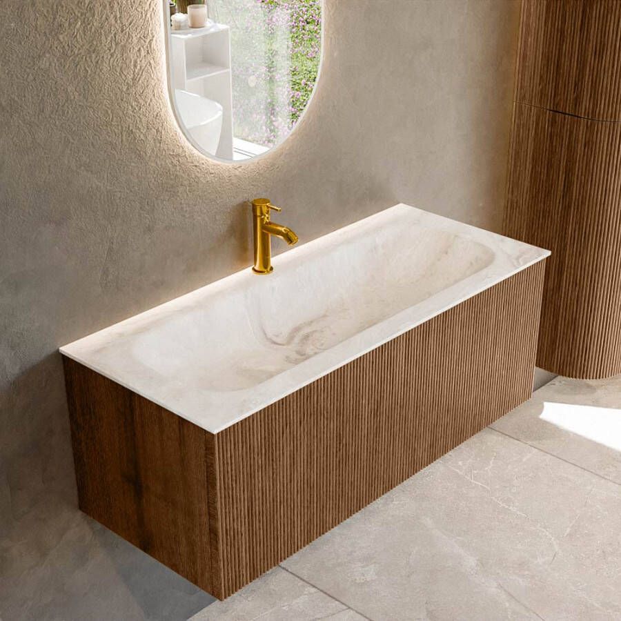 Mondiaz KURVE-DLUX 110 cm Onderkast Greeploos 1 Lade Zonder Deuren Walnut Wastafel Solid Surface Volledig Frappe 1 Kraangat Zonder Spiegel (KRVBGM1101L0D1KM-Wal Fra)