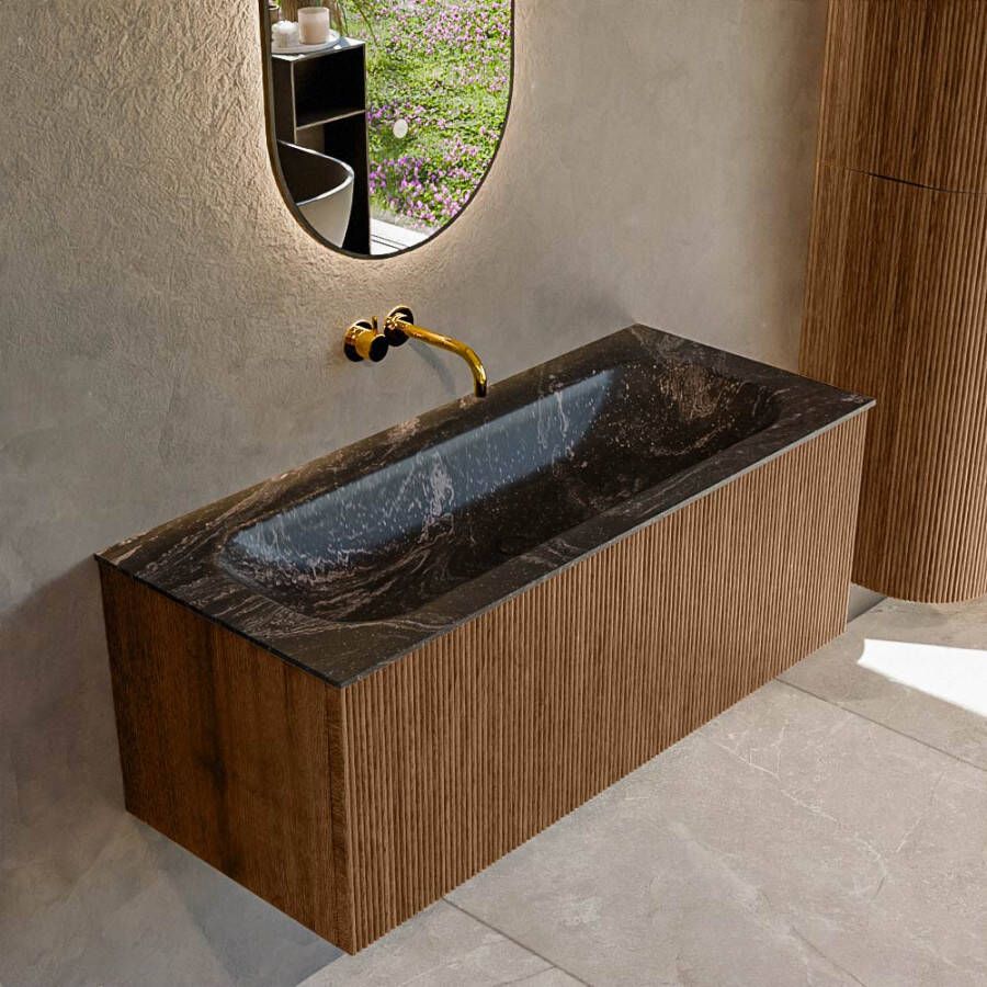 Mondiaz KURVE-DLUX 110 cm Onderkast Greeploos 1 Lade Zonder Deuren Walnut Wastafel Solid Surface Volledig Lava 0 Kraangaten Zonder Spiegel (KRVBGM1101L0D0KM-Wal Lav)